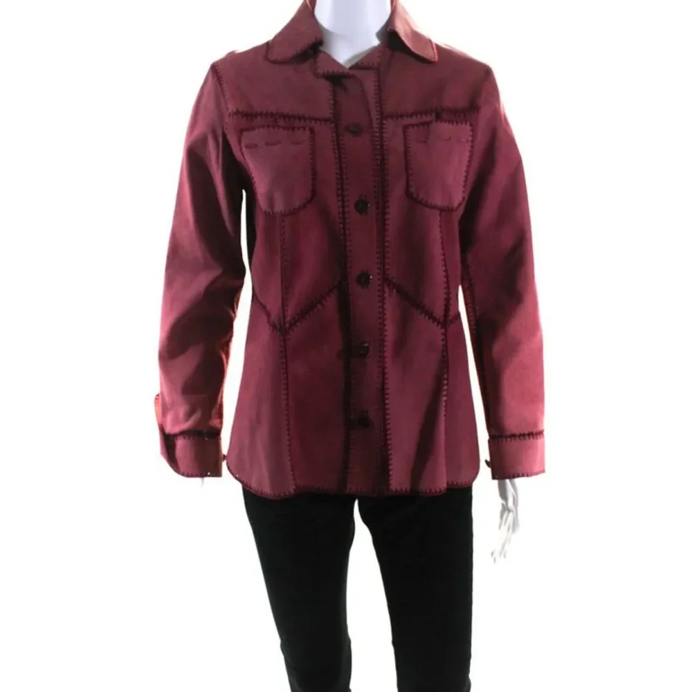Designer Womens Suede Patchwork Collared Button Up Jacket Shacket Red Size S